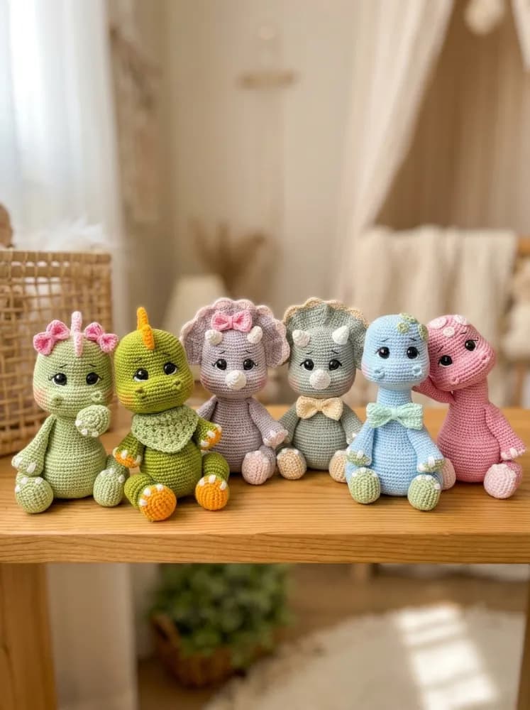 Baby Dinosaur Amigurumi Crochet Pattern Ebook, Triceratops T-Rex Brachiosaurus Boy and Girl Set, 6 Dino Characters PDF, photo 1 of 7