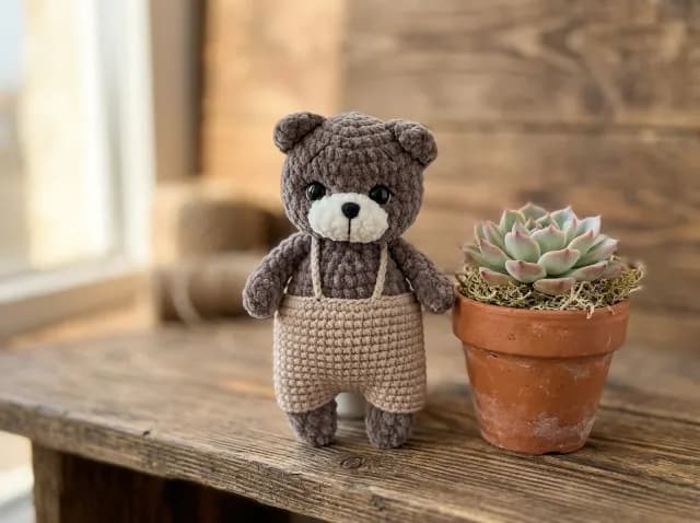 Mini Teddy Bear in Overalls Crochet Pattern, Easy Amigurumi Plush Bear, Beginner Stuffed Animal Nursery Decor, Instant Download PDF Pattern