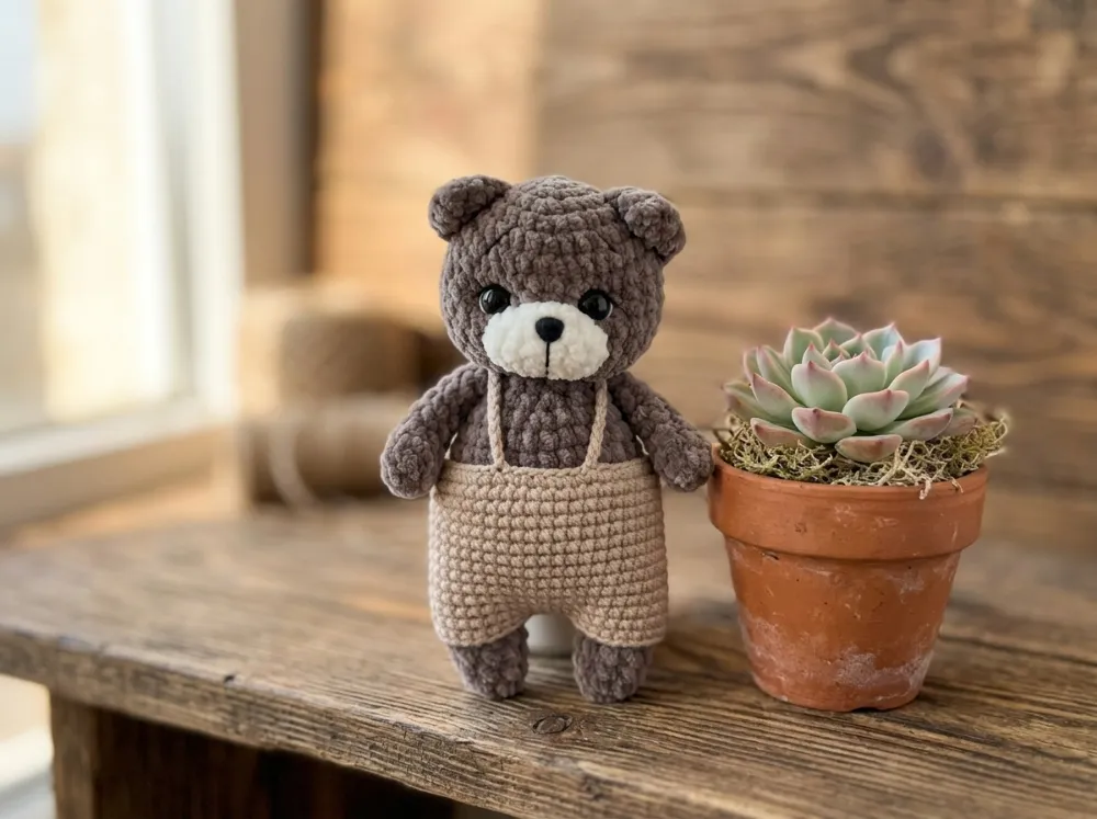 Mini Teddy Bear in Overalls Crochet Pattern, Easy Amigurumi Plush Bear, Beginner Stuffed Animal Nursery Decor, Instant Download PDF Pattern, photo 1 of 6